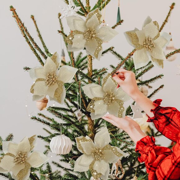 12 PCS Poinsettia Flower‎ Artificial Poinsettia Christmas Decoration 5.9'' Gold - Picture 6 of 7